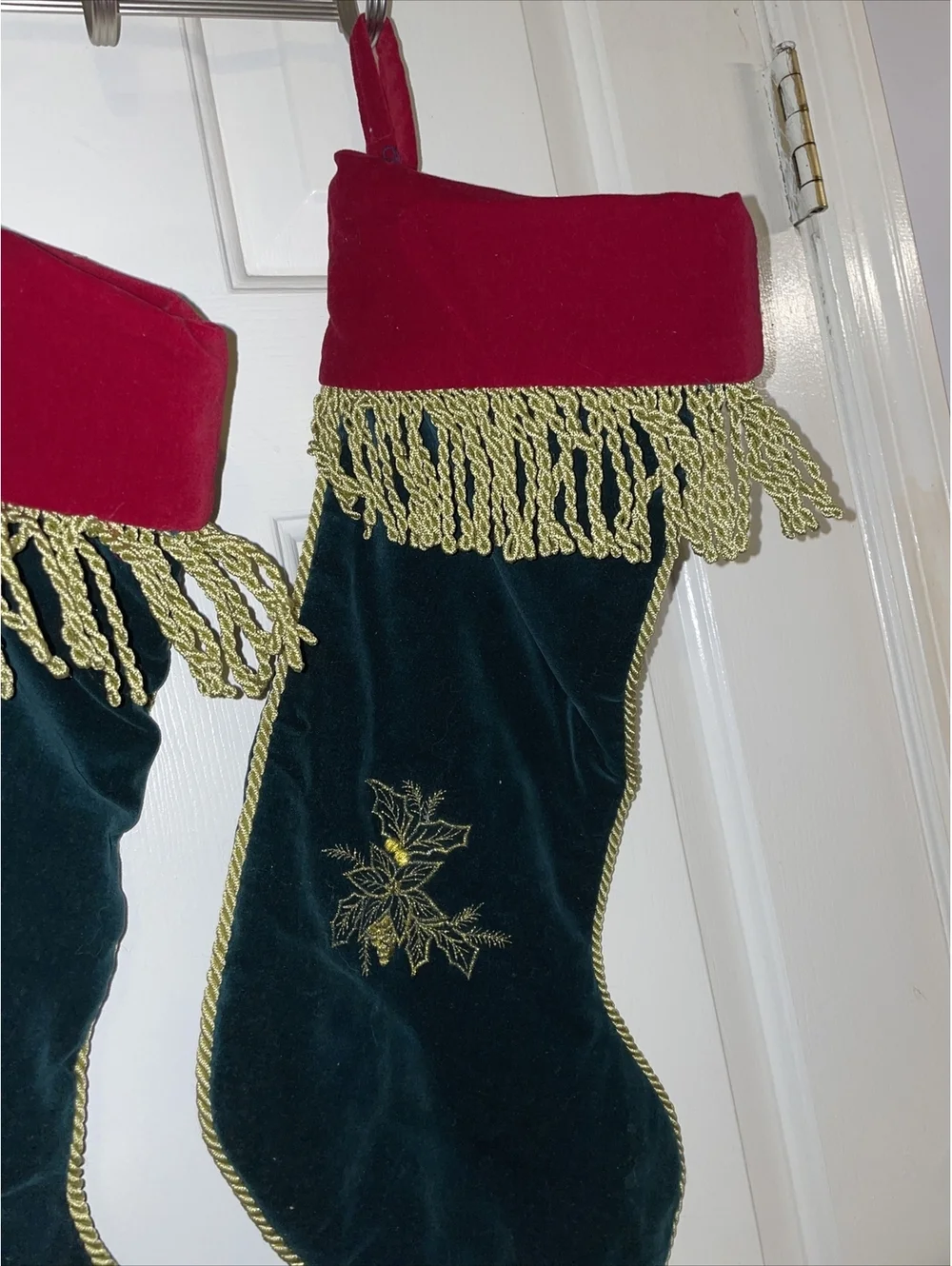 Velvet Green Christmas Stockings Gold Cord Trim Gold Stitched Bird Poinsettias